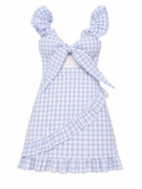MABLE Light Blue and White Plaid Gingham Tie-Front Sundress